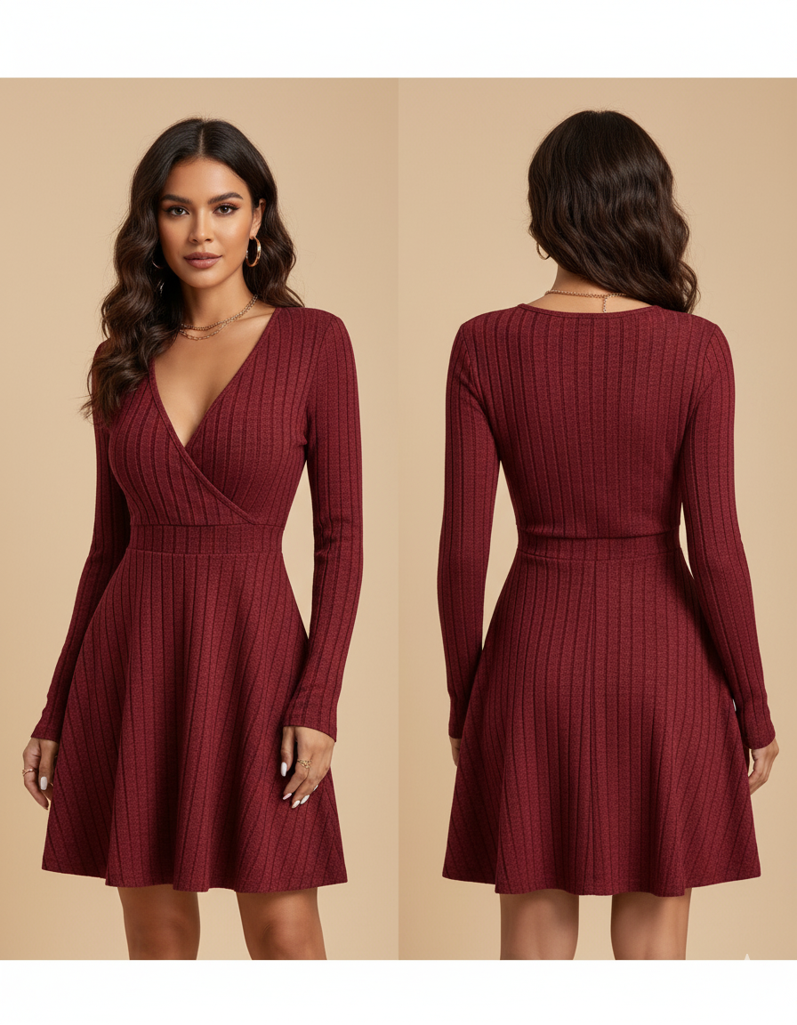 Elegantes Minikleid mit V-Ausschnitt und langen Ärmeln – Perfekt für Herbst/Winter