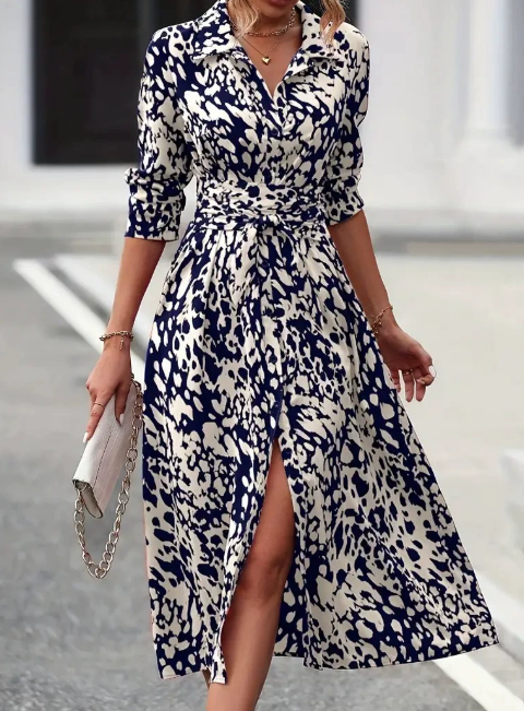 Damen Hemdblusenkleid mit Animal-Print – Weiß/Schwarz & Grün/Blau