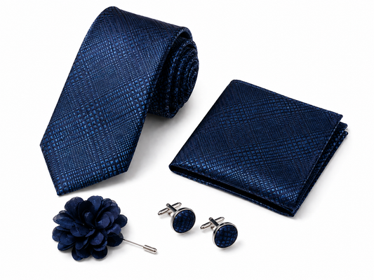 Elegantes Herren-Krawatten-Set mit Einstecktuch, Manschettenknöpfen, Ansteckblume & Geschenkbox