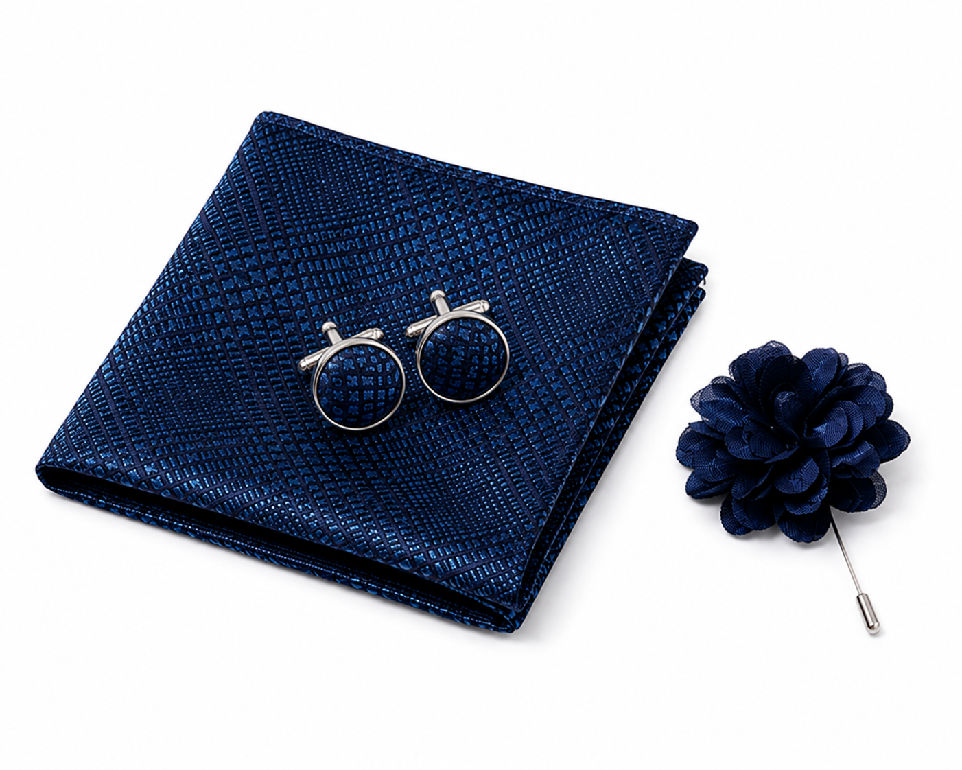 Elegantes Herren-Krawatten-Set mit Einstecktuch, Manschettenknöpfen, Ansteckblume & Geschenkbox