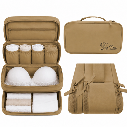 Reise Organizer für BHs, Unterwäsche und Socken. BH Aufbewahrungstasche Formstabiler Dessous Koffer mit Mehreren Fächern. La Riss Tasche mehrteilig mit Reißverschlus ( Braun)
