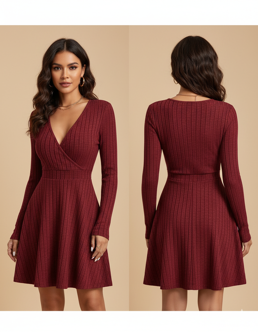 Elegantes Minikleid mit V-Ausschnitt und langen Ärmeln – Perfekt für Herbst/Winter