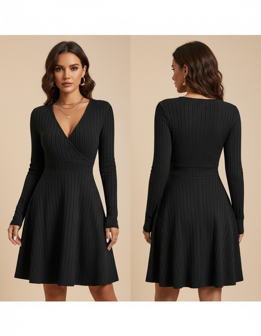 Elegantes Minikleid mit V-Ausschnitt und langen Ärmeln – Perfekt für Herbst/Winter