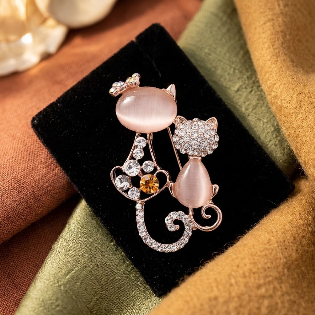 Brosche „Zwei Katzen“ – elegantes Accessoire mit rosa Steinen und Strass