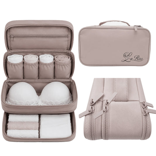Reise Organizer für BHs, Unterwäsche und Socken. BH Aufbewahrungstasche Formstabiler Dessous Koffer mit Mehreren Fächern. La Riss Tasche mehrteilig mit Reißverschluss (Pink)