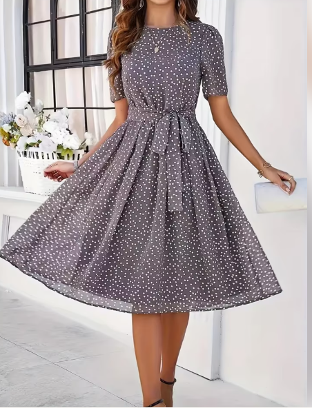 Damen Chiffon Kleid – Lila -Grau mit Punkten, Elegant & Feminin