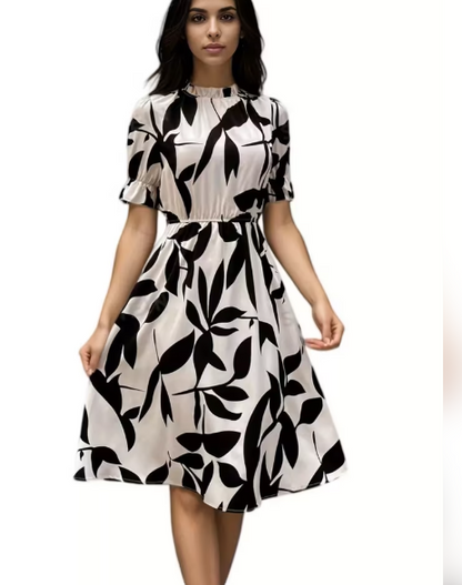 Elegantes Midi Kleid mit Blattmuster – Schwarz & Weiß