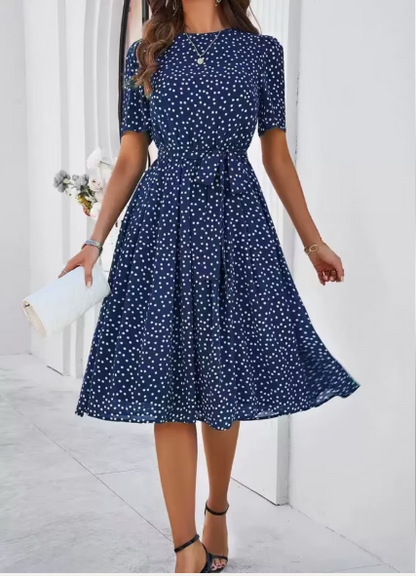 Damen Chiffon Kleid – Blau mit Punkten, Elegant & Feminin