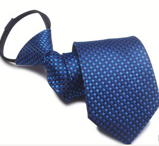 Schnell-Krawatte mit Reißverschluss / Fertig gebundene Krawatte – Blau mit Karomuster