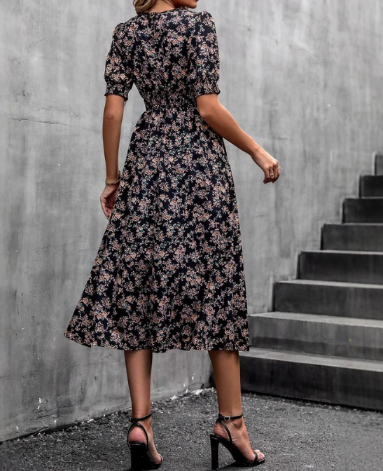 Elegantes Florales Midikleid mit Kurzarm – Leicht und Stilvoll für Jeden Anlass