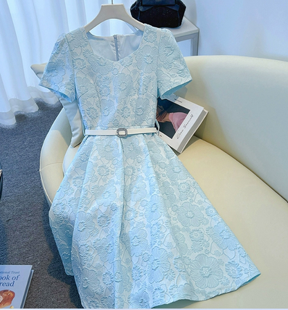 Elegantes Hellblaues Midikleid mit Jacquard-Blumenmuster und Retro-Chic – Ideal für Frühling/Sommer