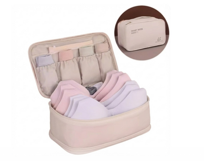 Reise-Organizer für Unterwäsche und BHs – Beige Aufbewahrungstasche für BHs, Slips und Socken auf Reisen – Tragbares Necessaire mit Griff und Fächern, Schutz vor Verformung der Cups