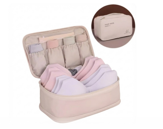 Reise-Organizer für Unterwäsche und BHs – Beige Aufbewahrungstasche für BHs, Slips und Socken auf Reisen – Tragbares Necessaire mit Griff und Fächern, Schutz vor Verformung der Cups