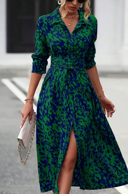 Damen Hemdblusenkleid mit Animal-Print – Weiß/Schwarz & Grün/Blau