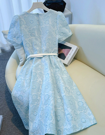Elegantes Hellblaues Midikleid mit Jacquard-Blumenmuster und Retro-Chic – Ideal für Frühling/Sommer