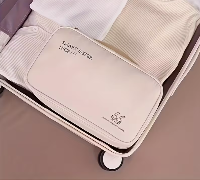 Reise-Organizer für Unterwäsche und BHs – Beige Aufbewahrungstasche für BHs, Slips und Socken auf Reisen – Tragbares Necessaire mit Griff und Fächern, Schutz vor Verformung der Cups