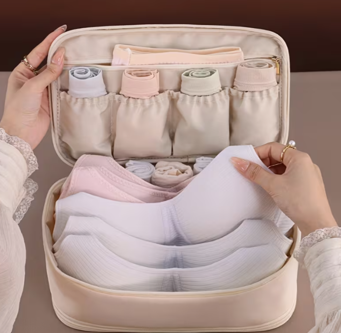 Reise-Organizer für Unterwäsche und BHs – Beige Aufbewahrungstasche für BHs, Slips und Socken auf Reisen – Tragbares Necessaire mit Griff und Fächern, Schutz vor Verformung der Cups