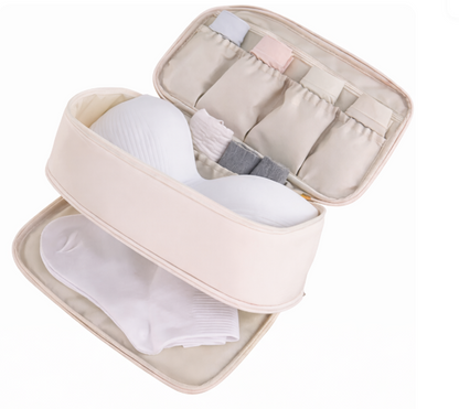 Reise-Organizer für Unterwäsche und BHs – Beige Aufbewahrungstasche für BHs, Slips und Socken auf Reisen – Tragbares Necessaire mit Griff und Fächern, Schutz vor Verformung der Cups