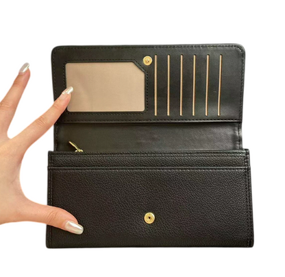 Generisch Damen Geldbörse aus Kunstleder – Elegantes Langportemonnaie mit Kartenfächern, Münzfach & Sichtfenster – Große Damenbörse mit Druckknopf – Schwarz