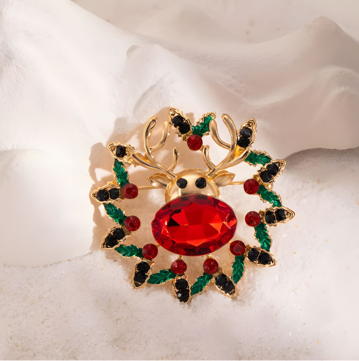 Weihnachtsbrosche Rentier mit rotem Kristall – Festlicher Schmuck