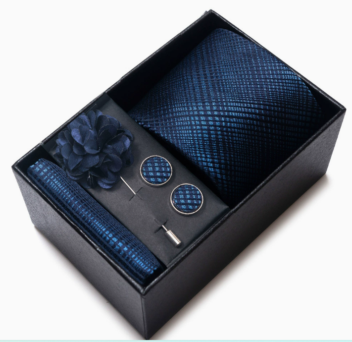 Elegantes Herren-Krawatten-Set mit Einstecktuch, Manschettenknöpfen, Ansteckblume & Geschenkbox