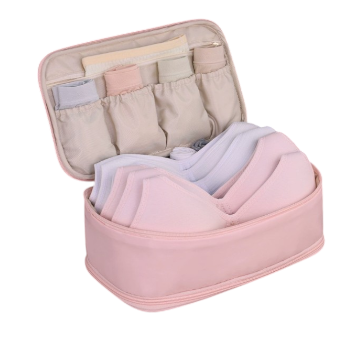 Reise-Organizer für Unterwäsche und BHs – Beige Aufbewahrungstasche für BHs, Slips und Socken auf Reisen – Tragbares Necessaire mit Griff und Fächern, Schutz vor Verformung der Cups