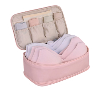 Reise-Organizer für Unterwäsche und BHs – Beige Aufbewahrungstasche für BHs, Slips und Socken auf Reisen – Tragbares Necessaire mit Griff und Fächern, Schutz vor Verformung der Cups