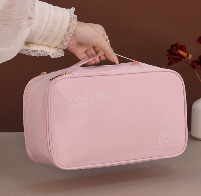 Reise-Organizer für Unterwäsche und BHs – Beige Aufbewahrungstasche für BHs, Slips und Socken auf Reisen – Tragbares Necessaire mit Griff und Fächern, Schutz vor Verformung der Cups