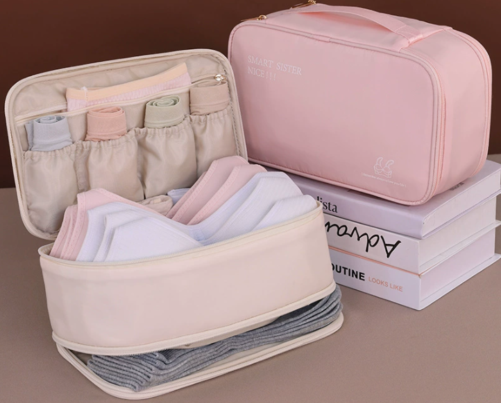 Reise-Organizer für Unterwäsche und BHs – Beige Aufbewahrungstasche für BHs, Slips und Socken auf Reisen – Tragbares Necessaire mit Griff und Fächern, Schutz vor Verformung der Cups