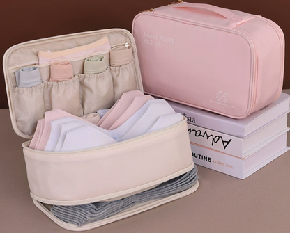 Reise-Organizer für Unterwäsche und BHs – Beige Aufbewahrungstasche für BHs, Slips und Socken auf Reisen – Tragbares Necessaire mit Griff und Fächern, Schutz vor Verformung der Cups