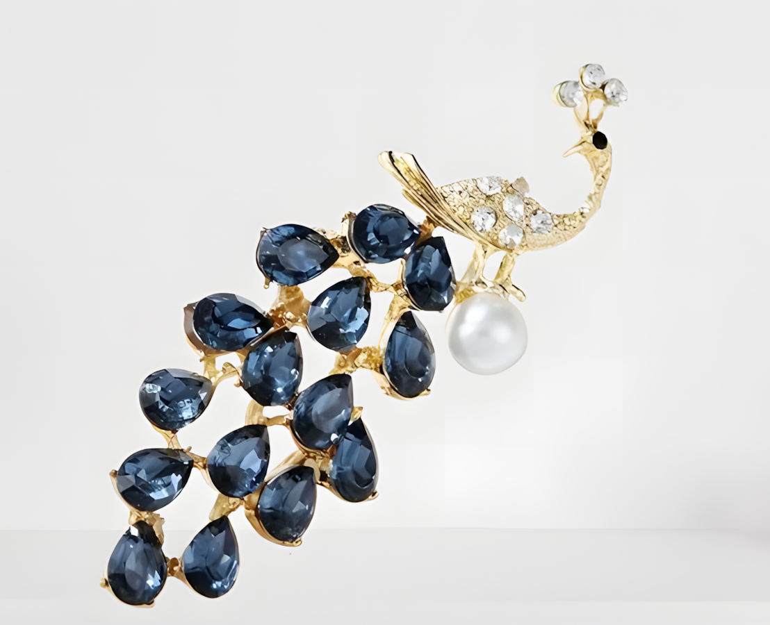 Elegante Pfauen-Brosche – Blaue und goldene Kristalle