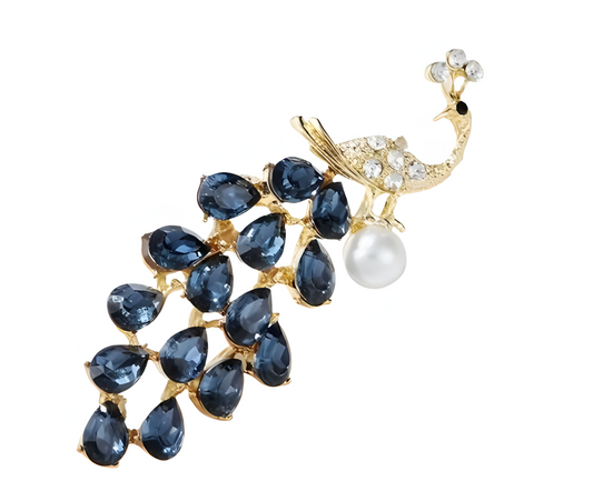Elegante Pfauen-Brosche – Blaue und goldene Kristalle