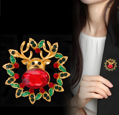 Weihnachtsbrosche Rentier mit rotem Kristall – Festlicher Schmuck