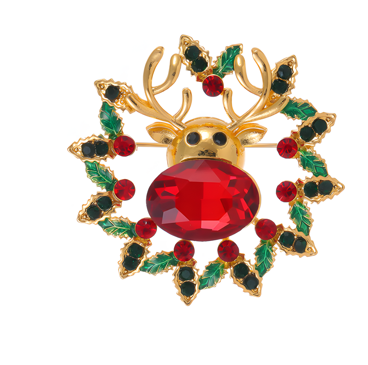 Weihnachtsbrosche Rentier mit rotem Kristall – Festlicher Schmuck