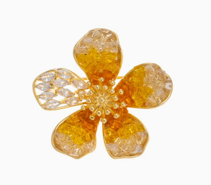 Eleganter Blumenbrosche – Goldfarben mit Gelben Kristalldetails & Glitzernden Strasssteinen