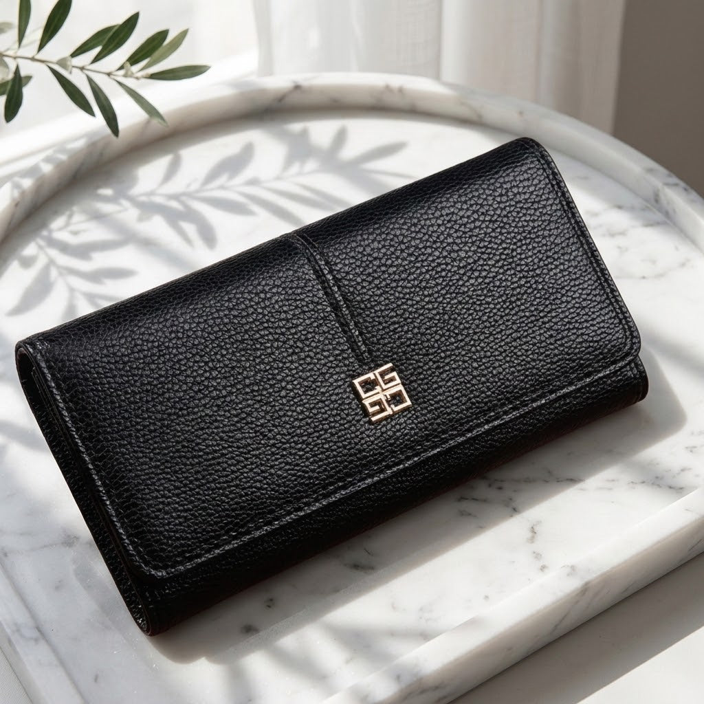 Elegante Damen Geldbörse aus Kunstleder – Elegantes Langportemonnaie mit Kartenfächern, Münzfach & Sichtfenster – Große Damenbörse mit Druckknopf – Schwarz