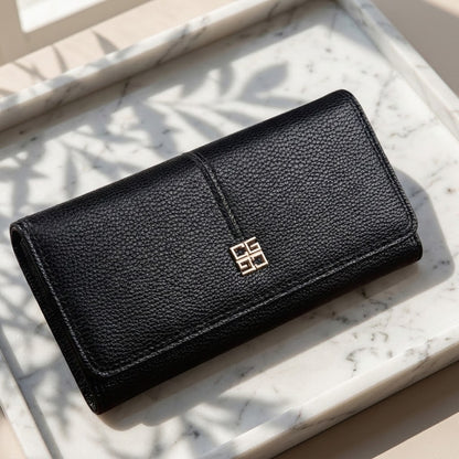 Elegante Damen Geldbörse aus Kunstleder – Elegantes Langportemonnaie mit Kartenfächern, Münzfach & Sichtfenster – Große Damenbörse mit Druckknopf – Schwarz