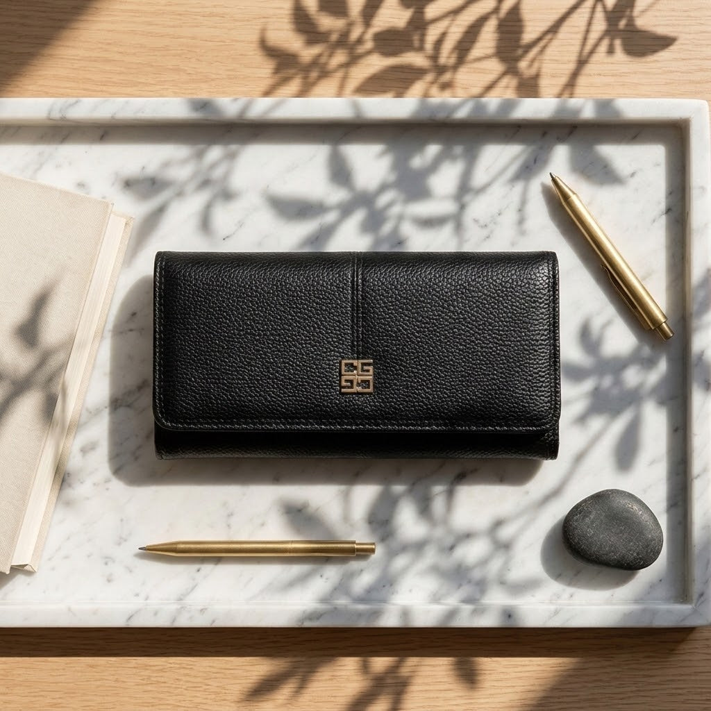 Elegante Damen Geldbörse aus Kunstleder – Elegantes Langportemonnaie mit Kartenfächern, Münzfach & Sichtfenster – Große Damenbörse mit Druckknopf – Schwarz