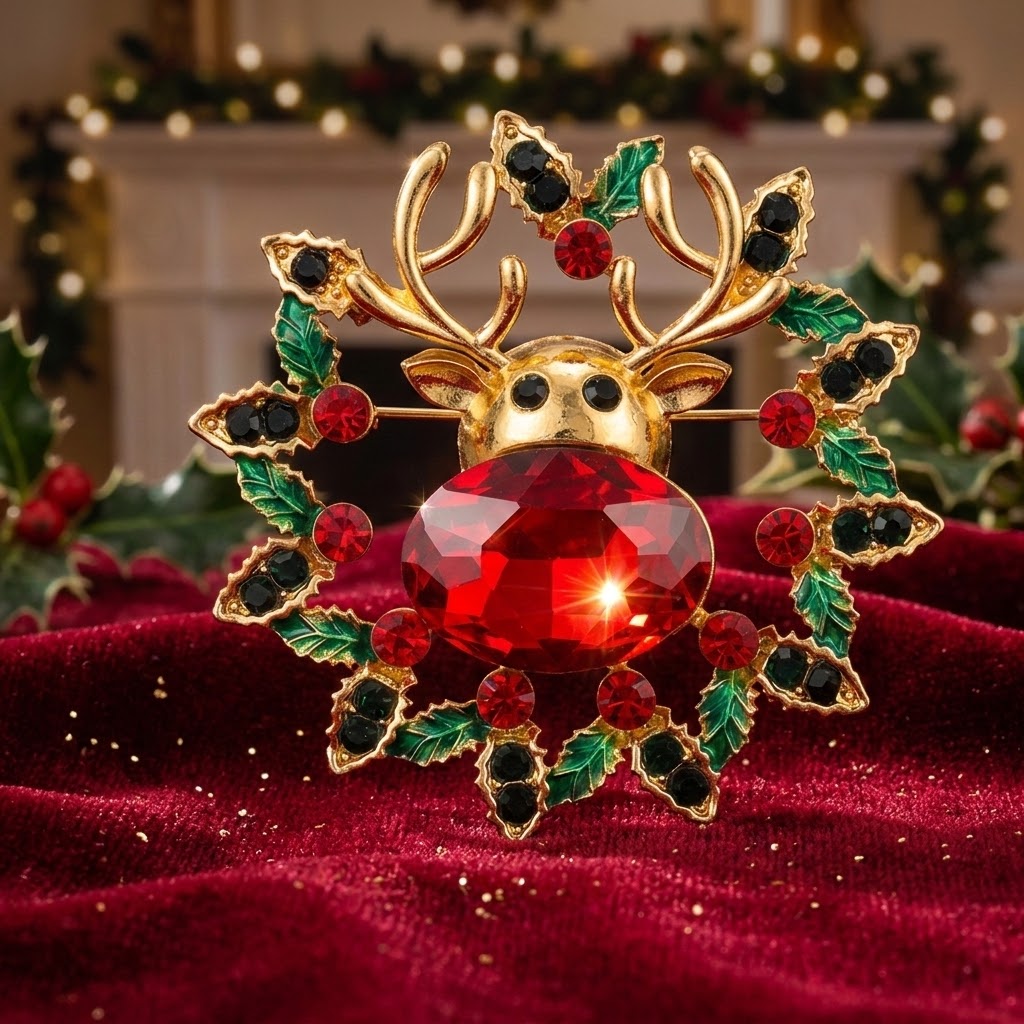 Weihnachtsbrosche Rentier mit rotem Kristall – Festlicher Schmuck