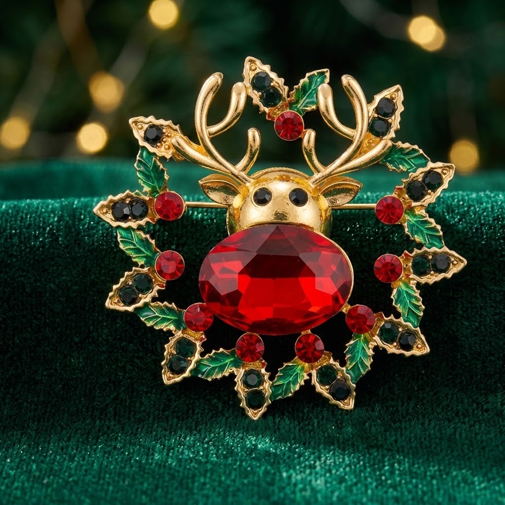 Weihnachtsbrosche Rentier mit rotem Kristall – Festlicher Schmuck