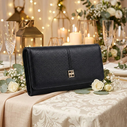 Elegante Damen Geldbörse aus Kunstleder – Elegantes Langportemonnaie mit Kartenfächern, Münzfach & Sichtfenster – Große Damenbörse mit Druckknopf – Schwarz