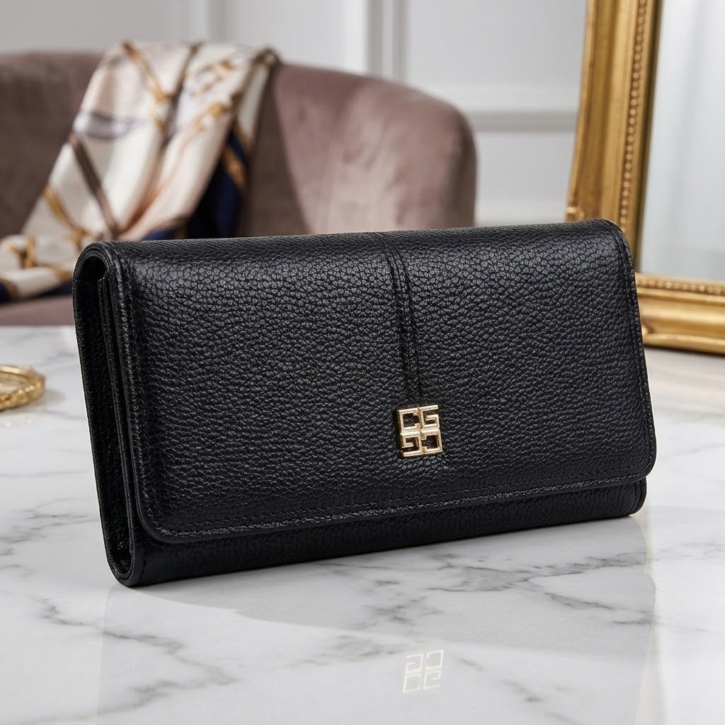 Elegante Damen Geldbörse aus Kunstleder – Elegantes Langportemonnaie mit Kartenfächern, Münzfach & Sichtfenster – Große Damenbörse mit Druckknopf – Schwarz