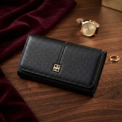 Elegante Damen Geldbörse aus Kunstleder – Elegantes Langportemonnaie mit Kartenfächern, Münzfach & Sichtfenster – Große Damenbörse mit Druckknopf – Schwarz