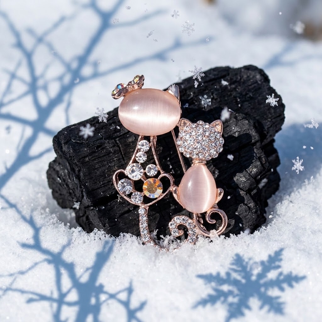 Brosche „Zwei Katzen“ – elegantes Accessoire mit rosa Steinen und Strass